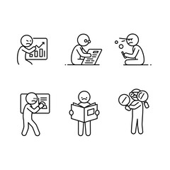 A set of minimalist stick figure icons illustrates diverse human emotions and daily challenges, encompassing work stress, information processing, and self-perception.