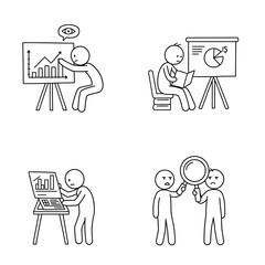 A set of minimalist stick figure illustrations visually representing various business processes like data analysis, presentations, and collaborative research.