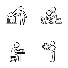 This image depicts various essential human activities like business analysis, collaborative learning, digital work, and detailed research using minimalist line art icons.