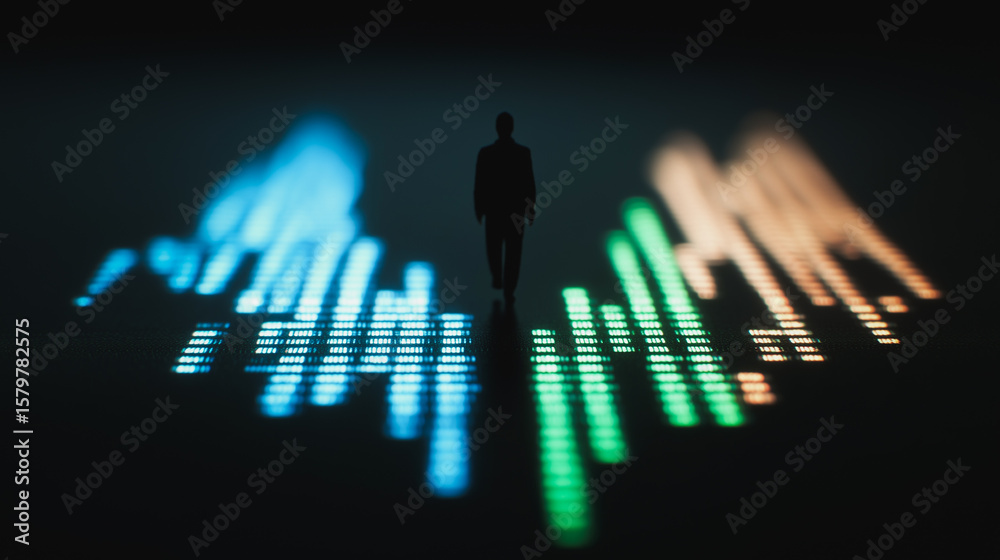 Poster navigating the data stream: a silhouetted figure stands amidst a dynamic display of colorful data vi