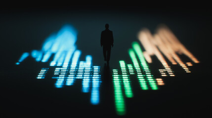 Navigating the Data Stream: A silhouetted figure stands amidst a dynamic display of colorful data visualizations. Embodying focus, expertise, and strategic foresight. 