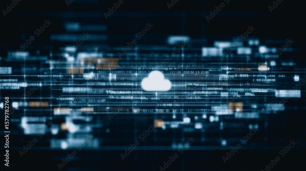 Poster digital cloud connectivity: a stunning digital rendition of cloud computing, where data streams conv