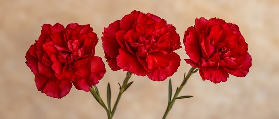Three Vibrant Red Carnation Flowers Against a Soft, Neutral Background