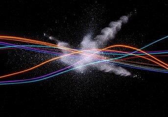 Vivid Digital Symphony: An artistic composition showcasing the dynamic intersection of vibrant light trails and a burst of ethereal powder on a black background.