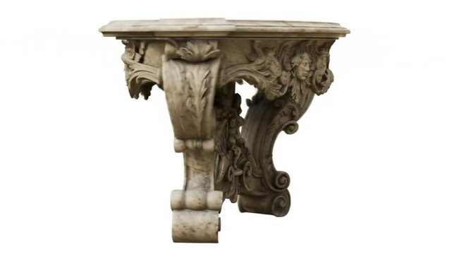 Ornate console table with intricate carvings of faces and foliage against white background