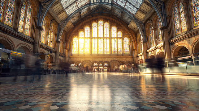 Historic Train Station Hall with Travelers in Motion