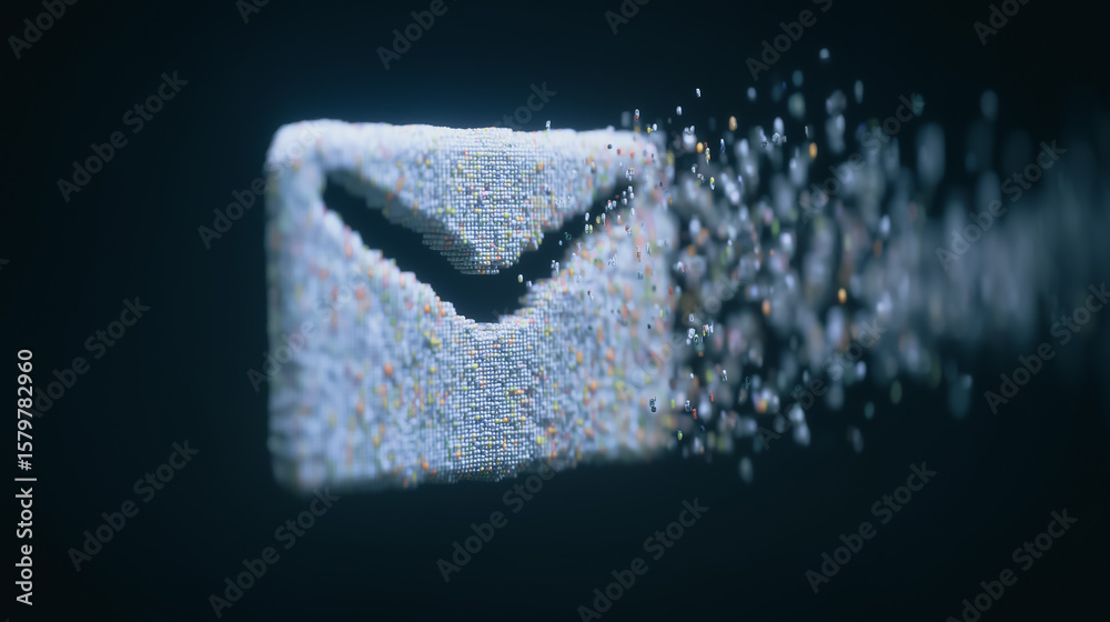 Poster digital message dissipation: conceptual image of an email transforming into particles, a visual meta