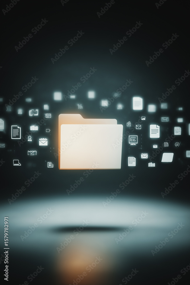 Fototapete Data Organization: A stylized visualization of a central folder surrounded by digital documents, symbolizing efficient information management, on a blurred background with a gradient.