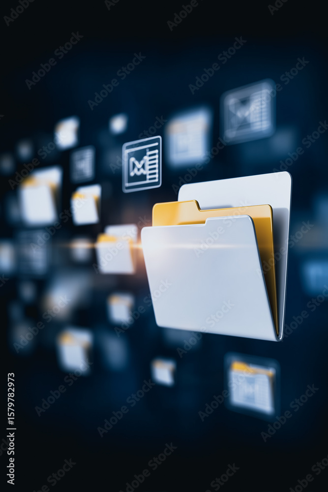 Poster digital data and information: a contemporary scene featuring files floating in a virtual space, repr