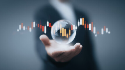 Global Financial Vision: A person in a suit holds a transparent glass globe above an animated graph, representing global financial concepts. 