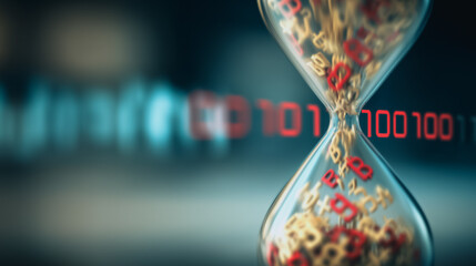 Digital Clock of Time: A unique hourglass filled with data streams, representing the ever-flowing nature of information in our modern era, with a bokeh effect. 