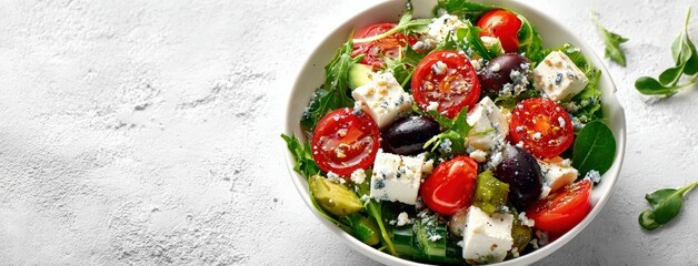 Top view of a colorful and nutritious salad featuring feta cheese, olives, cherry tomatoes, arugula, and cucumber, promoting healthy eating habits and weight management