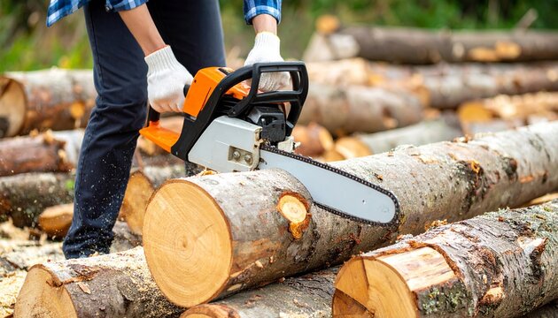 Woodcutter operates a chainsaw at a sawmill, cutting through a large tree trunk - capturing raw power, precision, and the rugged essence of traditional woodcutting and forestry work