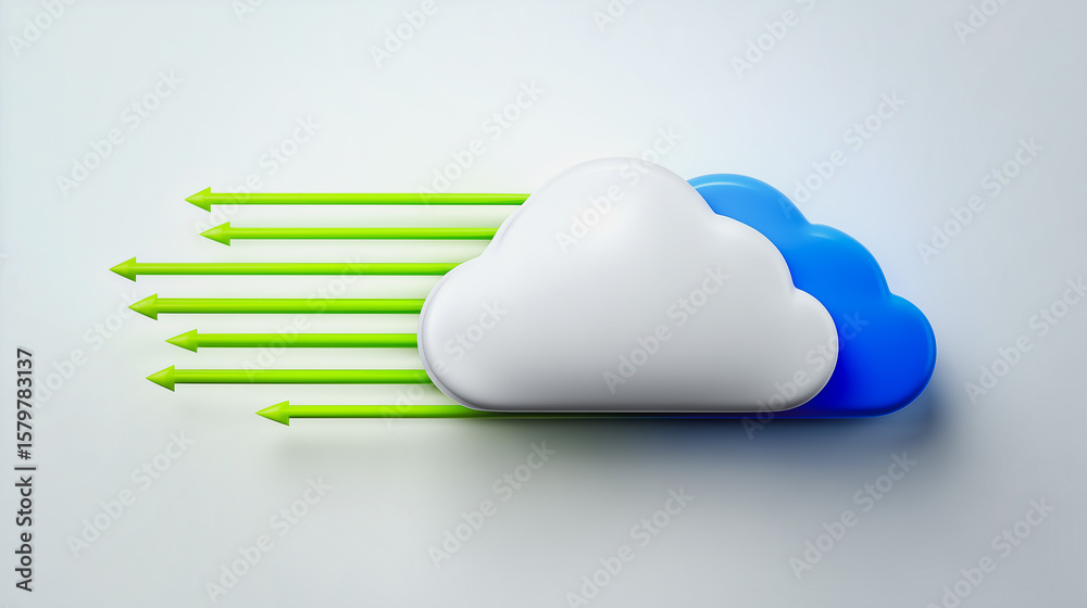 Poster cloud computing: digital cloud with arrows indicating data transfer and storage, illustrating the co