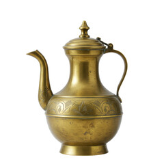 Antique brass teapot with intricate engravings, isolated on a white background