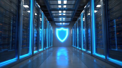 A futuristic server room illuminated with blue light, featuring a glowing shield icon symbolizing cybersecurity and data protection.