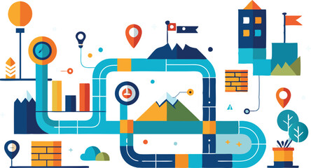 A collection of stylized route and navigation maps, featuring winding paths, location pins, and destination markers, all designed with a modern and clean aesthetic to convey movement and direction