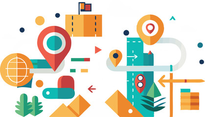 A collection of stylized route and navigation maps, featuring winding paths, location pins, and destination markers, all designed with a modern and clean aesthetic to convey movement and direction
