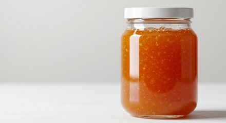 glass jar of crystalized organic honey, white background with copy space