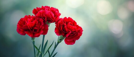 Three vibrant red carnations against a soft, blurred, light-filled background.
