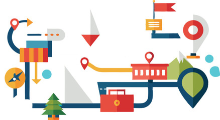 A collection of stylized route and navigation maps, featuring winding paths, location pins, and destination markers, all designed with a modern and clean aesthetic to convey movement and direction