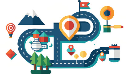 A collection of stylized route and navigation maps, featuring winding paths, location pins, and destination markers, all designed with a modern and clean aesthetic to convey movement and direction