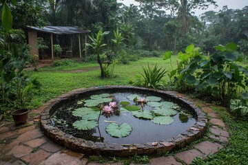 Rain falls on a lush, green tropical garden, with a pond with water lilies. Perfect for travel blogs or nature-themed presentations on Southeast Asia.