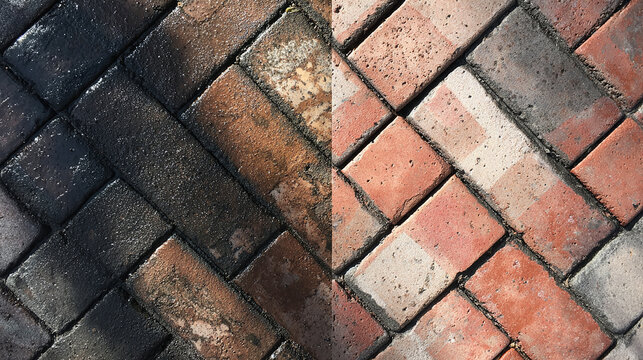 Comparison of Cleaned and Dirty Brick Paving Surface