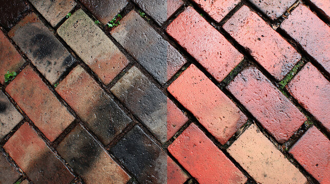 Comparison of Cleaned and Dirty Brick Paving Surface