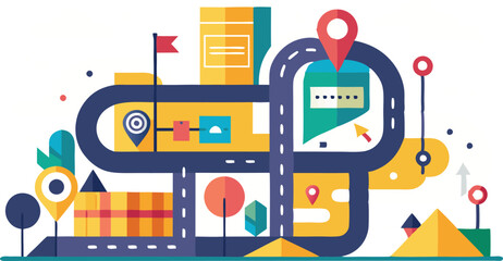 A collection of stylized route and navigation maps, featuring winding paths, location pins, and destination markers, all designed with a modern and clean aesthetic to convey movement and direction