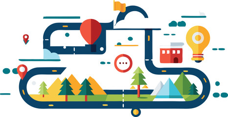 A collection of stylized route and navigation maps, featuring winding paths, location pins, and destination markers, all designed with a modern and clean aesthetic to convey movement and direction