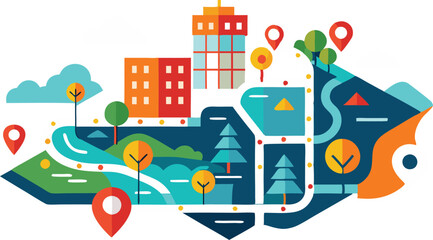 A collection of stylized route and navigation maps, featuring winding paths, location pins, and destination markers, all designed with a modern and clean aesthetic to convey movement and direction