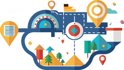 A collection of stylized route and navigation maps, featuring winding paths, location pins, and destination markers, all designed with a modern and clean aesthetic to convey movement and direction