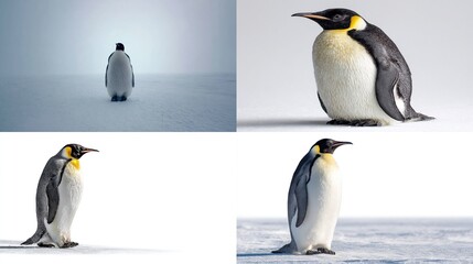 Obraz premium Four images showcase the regal beauty of Emperor penguins in various poses and settings, from Antarctic ice to studio backgrounds