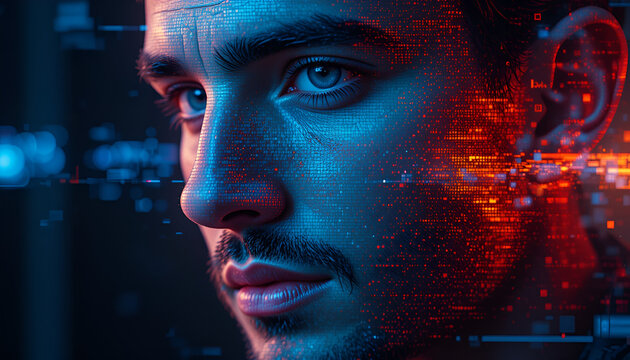 Digital identity portrait features a man's face with red and blue data overlays, suggesting a futuristic, connected, and technological concept.