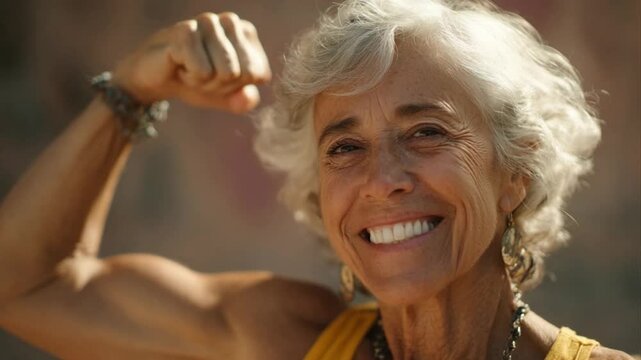 Elderly Woman Flexing Biceps: A radiant elderly woman flexes her biceps, her vibrant smile reflecting strength and vitality as she embodies the power of healthy aging under the sun.