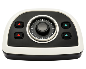 Modern remote control panel with a jog dial and buttons on a transparent background