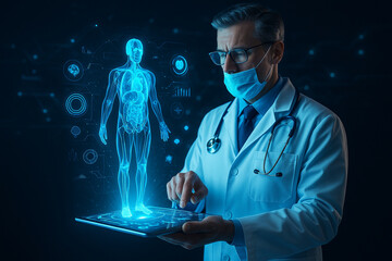 AI generated male doctor operates health hologram on tablet with glowing virtual anatomy interface in futuristic medical environment showing real time diagnostic data