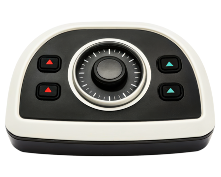 Modern remote control panel with a jog dial and buttons on a transparent background