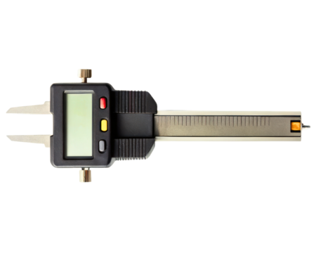 Electronic digital caliper for precise engineering measurement on a transparent background