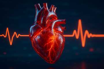 AI generated glowing human heart with red orange veins in translucent style floating in front of digital EKG line in a futuristic medical science environment