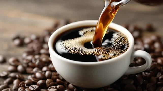 Aroma of Coffee: Coffee stream falling into cup and scattered coffee bean that convey a sense of warmth, comfort, and rich flavor.