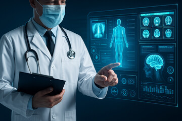 AI generated futuristic doctor interacting with virtual screen displaying anatomy and brain scan data in a high tech healthcare environment