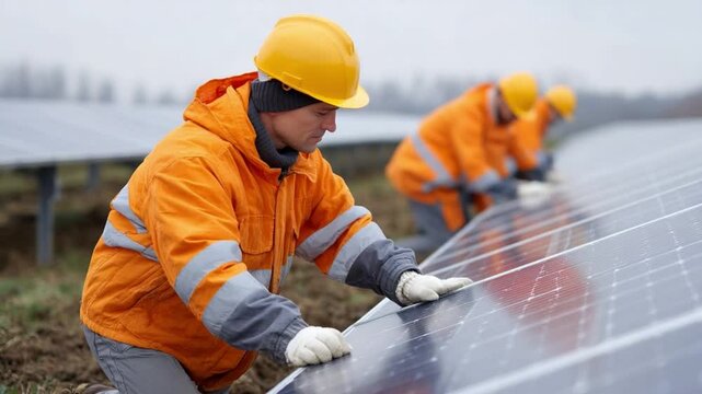 Solar Panel Installation: Dedicated workers clad in protective gear meticulously install solar panels, epitomizing the promise of a sustainable future.
