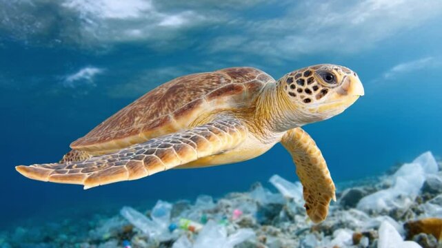 Ocean's gentle journey: The image captures a graceful sea turtle swimming through the blue water, unaware of the plastic in the ocean. A vibrant portrayal of marine life.