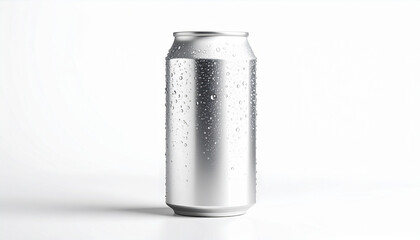 Isolated, close-up studio shot of a silver aluminum beverage can with condensation.