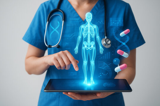AI generated futuristic image of a nurse interacting with holographic anatomy and floating medical icons in blue digital interface