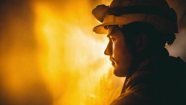 Bravery Under the Blaze: A firefighter stands resolute against a backdrop of roaring flames, embodying courage and selflessness in the face of danger. Capturing the heart of heroism.