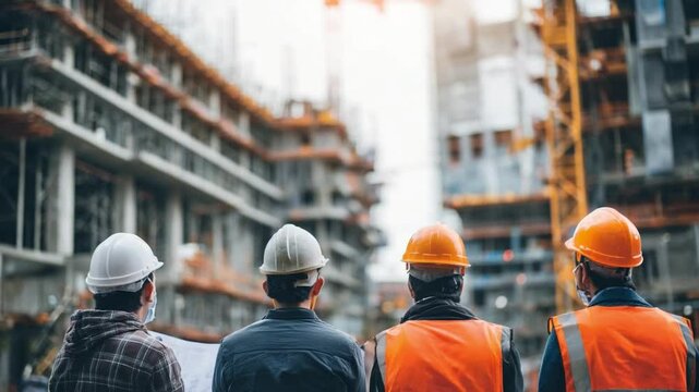 Building Dreams: A focused group of construction workers, clad in safety attire, contemplates a grand architectural project under the brilliant sunlight.
