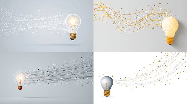 Lightbulbs illuminating, sparks and glittering lines trailing from them in four variations